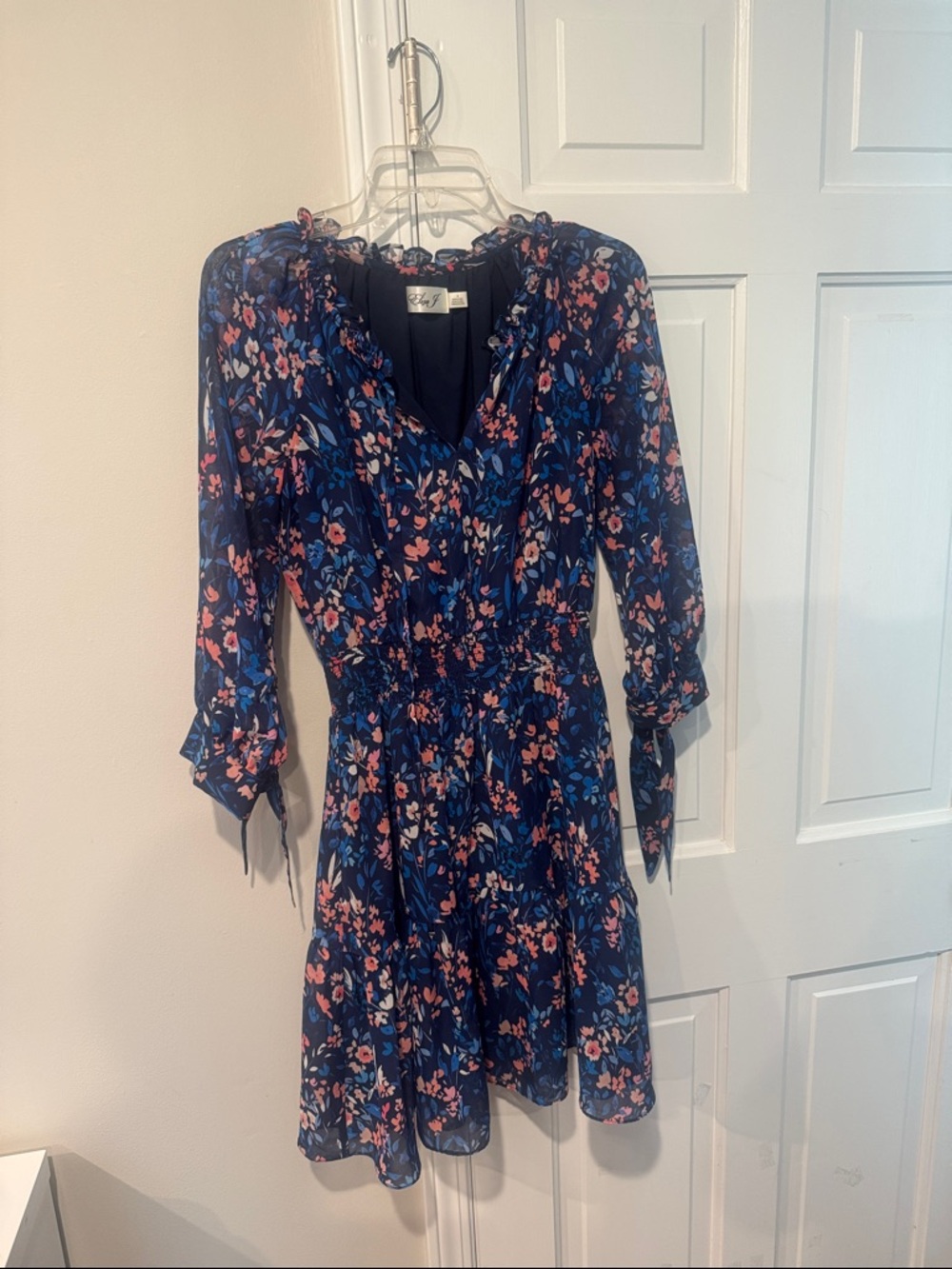 Eliza J Navy Floral Ruffle V-Neck Dress with Pink & Blue Accents